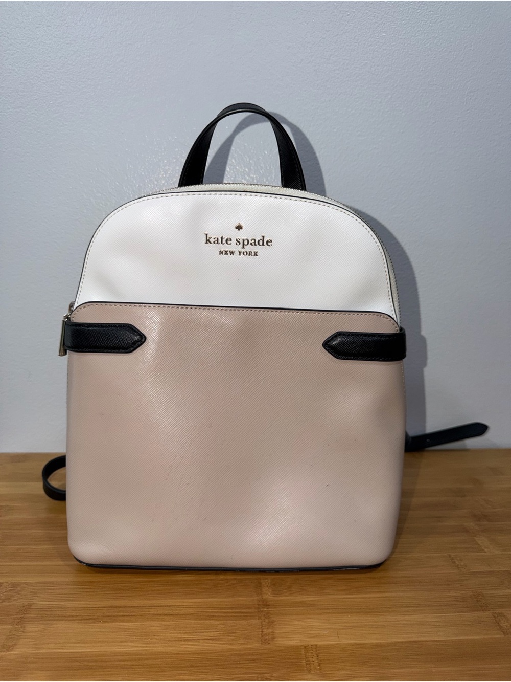Kate Spade Staci Dome Backpack Warm Beige White Saffiano Leather